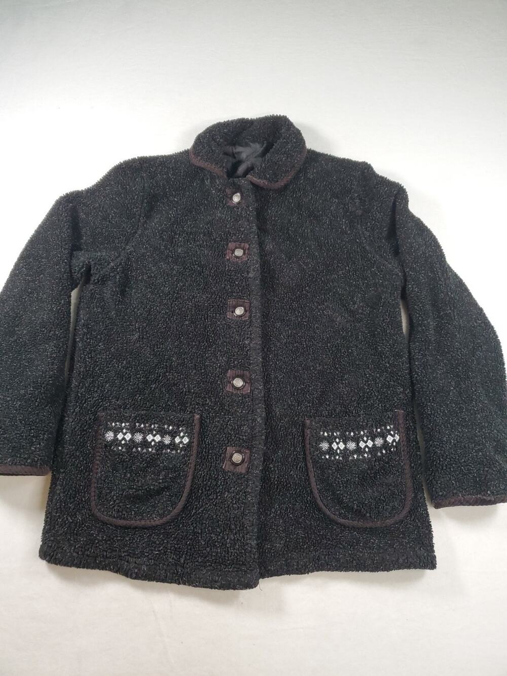 Haband Sherpa Jacket Womens Size Small Button Up Snowflake Embroidery